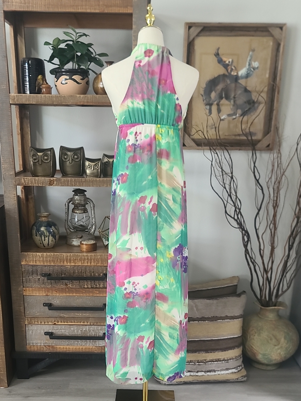 M USA Halter Maxi Dress in Mint & Pink Watercolor Print - Picture 5 of 5